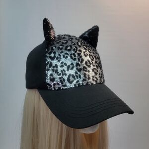 Black Silver Sequin Leopard Cat Ear Hat Costume Metallic Cap Baseball Cosplay